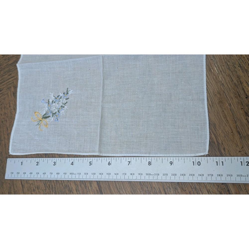 Hand Embroidered White Cotton Handkerchief Blue Flowers - Set Of 4 - - Picture 9 of 10
